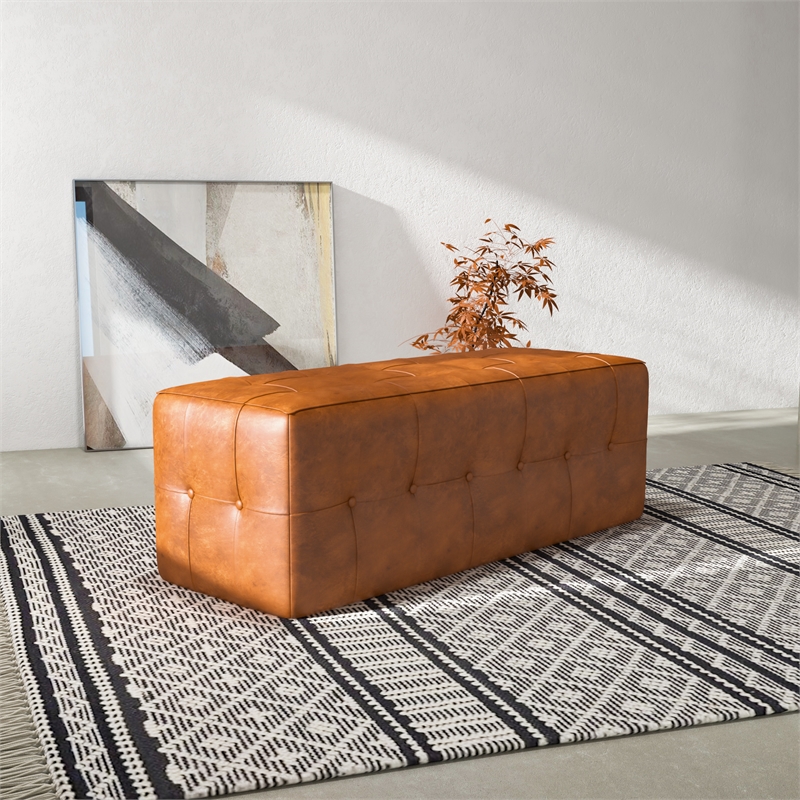 Vichy Mid-Century Modern Design Rectangular Genuine Leather Bench in Tan