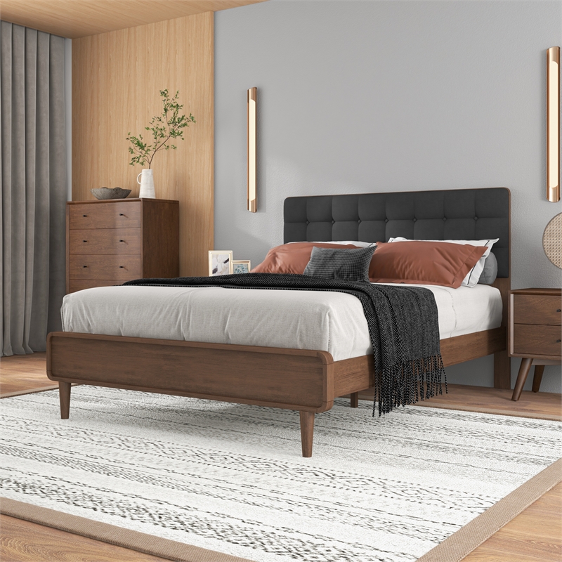 Angelica Mid Century Modern Gray Fabric Upholstered Queen Platform Bed