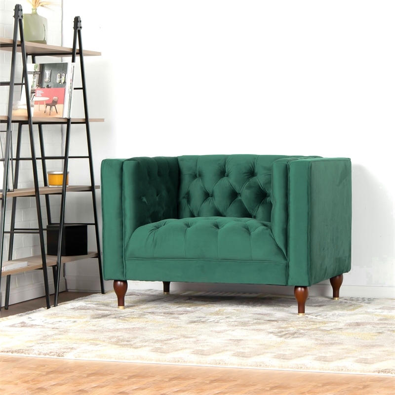 Clodine Mid Century Modern Tufted Velvet Upholstered Dark Green Armchair