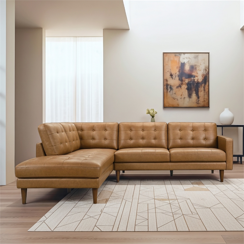 Lucille Spacious Leather Sectional Sofa with Button-Tufted Cushions in Tan