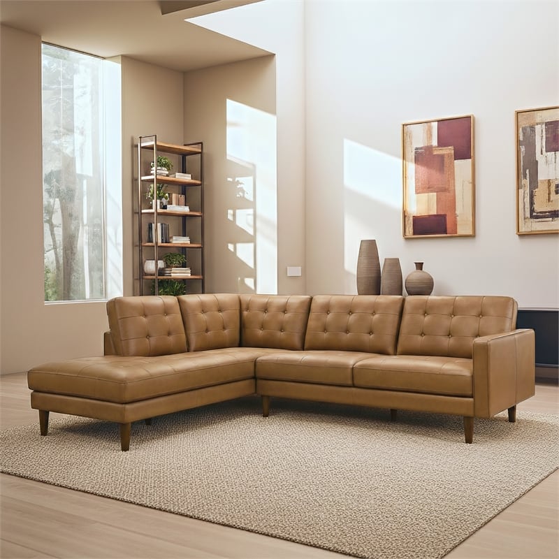 Lucille Spacious Leather Sectional Sofa with Button-Tufted Cushions in Tan