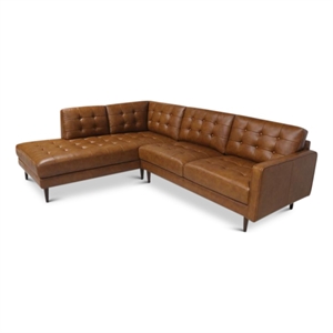 lucille mid-century modern l-shaped leather left-facing sectional in tan cognac