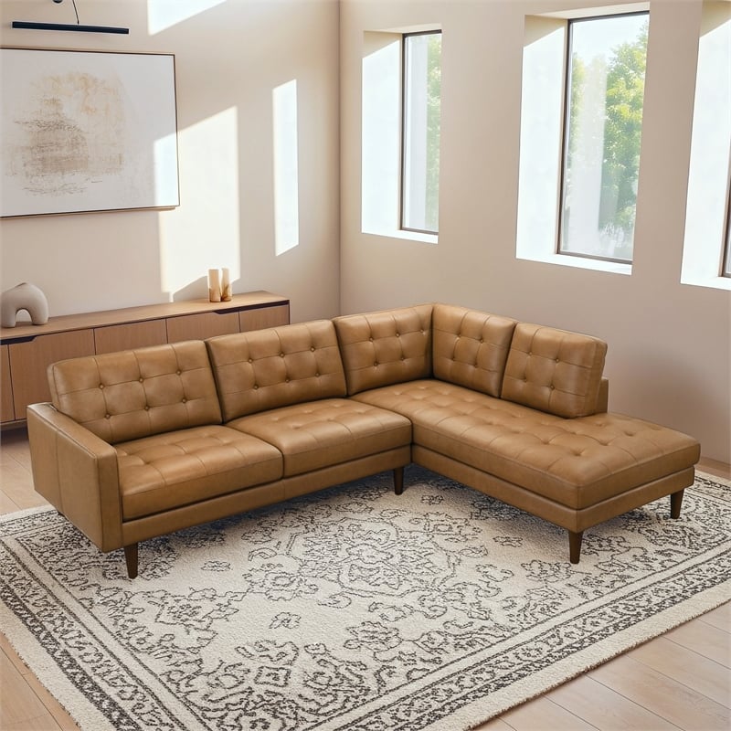 Lucille Spacious Leather Sectional Sofa with Button-Tufted Cushions in Tan