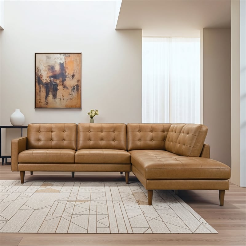 Lucille Spacious Leather Sectional Sofa with Button-Tufted Cushions in Tan