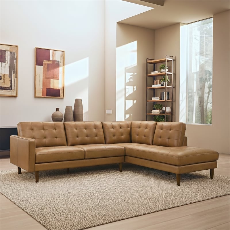 Lucille Spacious Leather Sectional Sofa with Button-Tufted Cushions in Tan