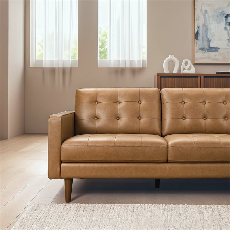 Lucille Spacious Leather Sectional Sofa with Button-Tufted Cushions in Tan