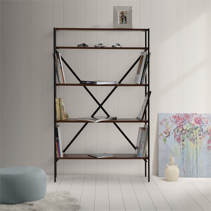 Heather Mid-Century Modern Solid Wood Etagere Bookcase in Brown