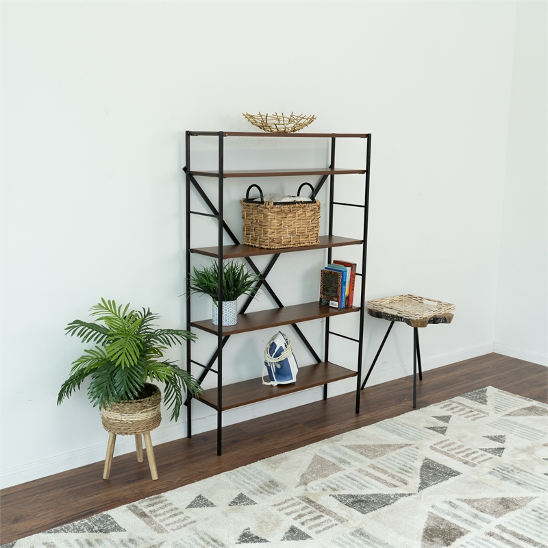 Heather Mid-Century Modern Solid Wood Etagere Bookcase in Brown