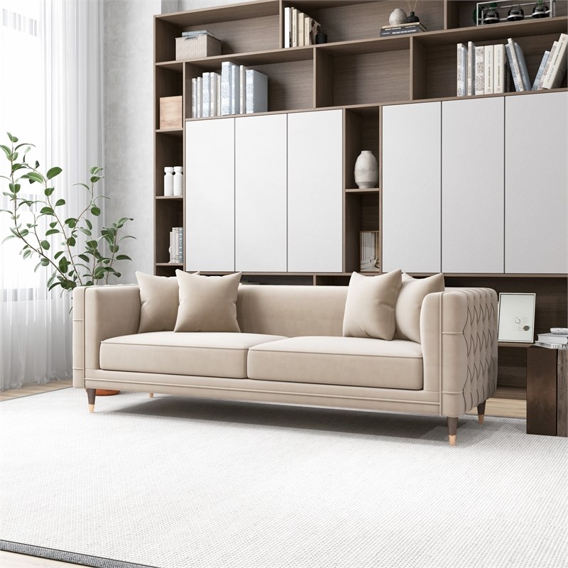 Mia Mid-Century Modern Rectangular Pillow Back Light Cream Velvet Sofa Couch