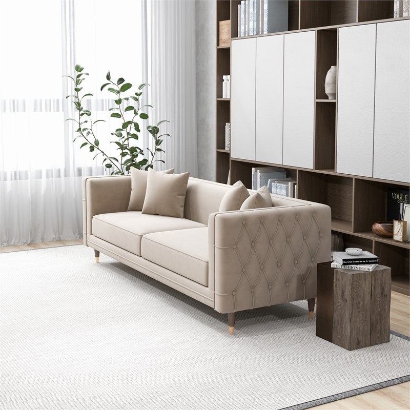 Mia Mid-Century Modern Rectangular Pillow Back Light Cream Velvet Sofa Couch