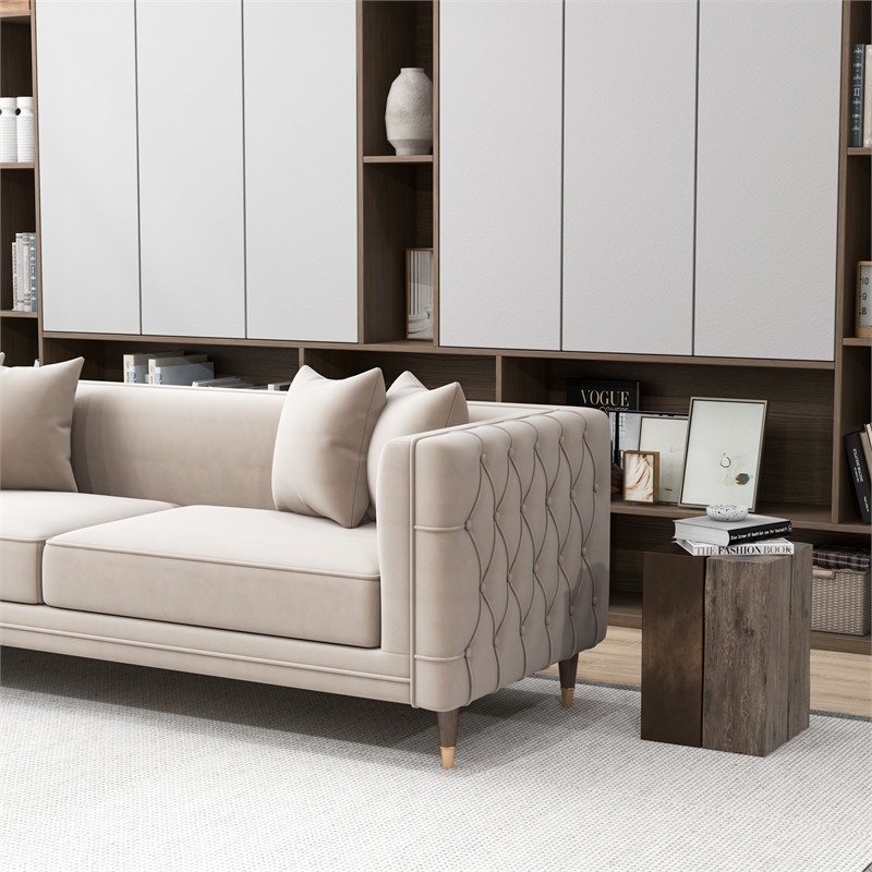 Mia Mid-Century Modern Rectangular Pillow Back Light Cream Velvet Sofa Couch