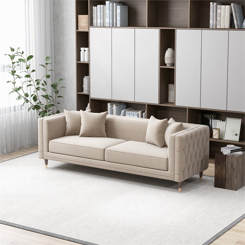 Mia Mid-Century Modern Rectangular Pillow Back Light Cream Velvet Sofa Couch