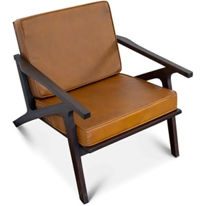 leon mid-century pillow back leather upholstered lounge chair in tan cognac