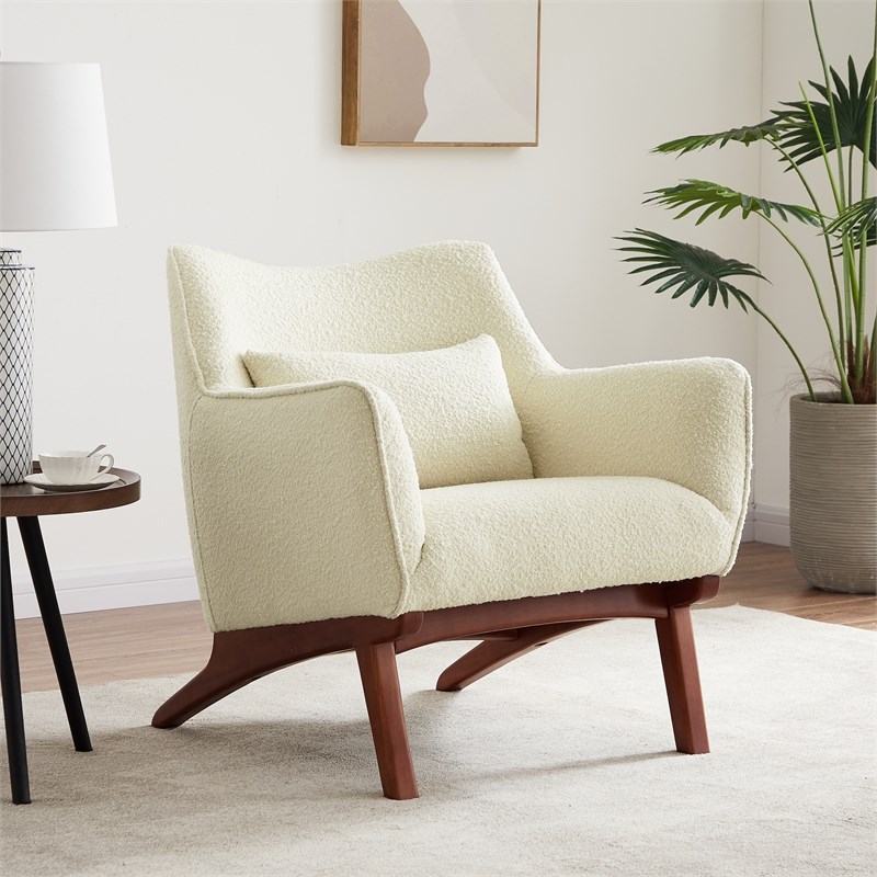 Gatsby Mid Century Furniture Style Comfy Boucle Fabric Accent Armchair in Cream