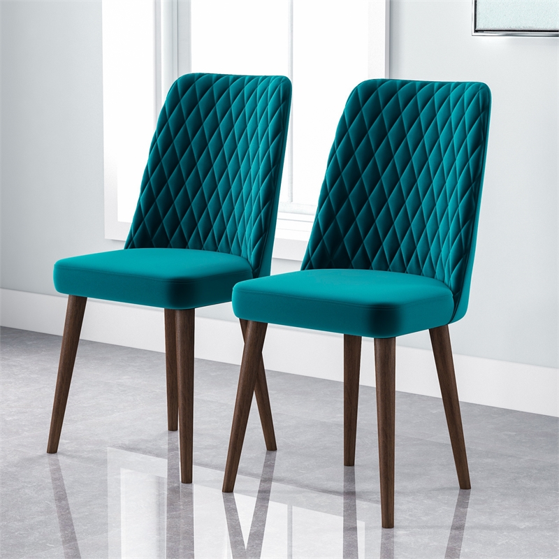 Ellen Mid-Century Modern Velvet Dining Chair in Turquoise (Set of 2)