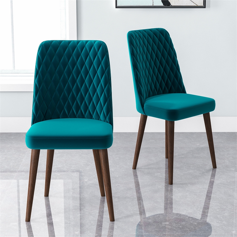 Ellen Mid-Century Modern Velvet Dining Chair in Turquoise (Set of 2)