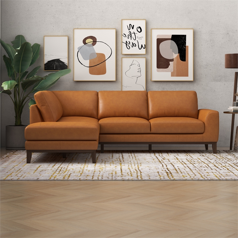 Mundo Mid-Century Tight Back Leather Left-Facing Upholstered Sectional in Tan