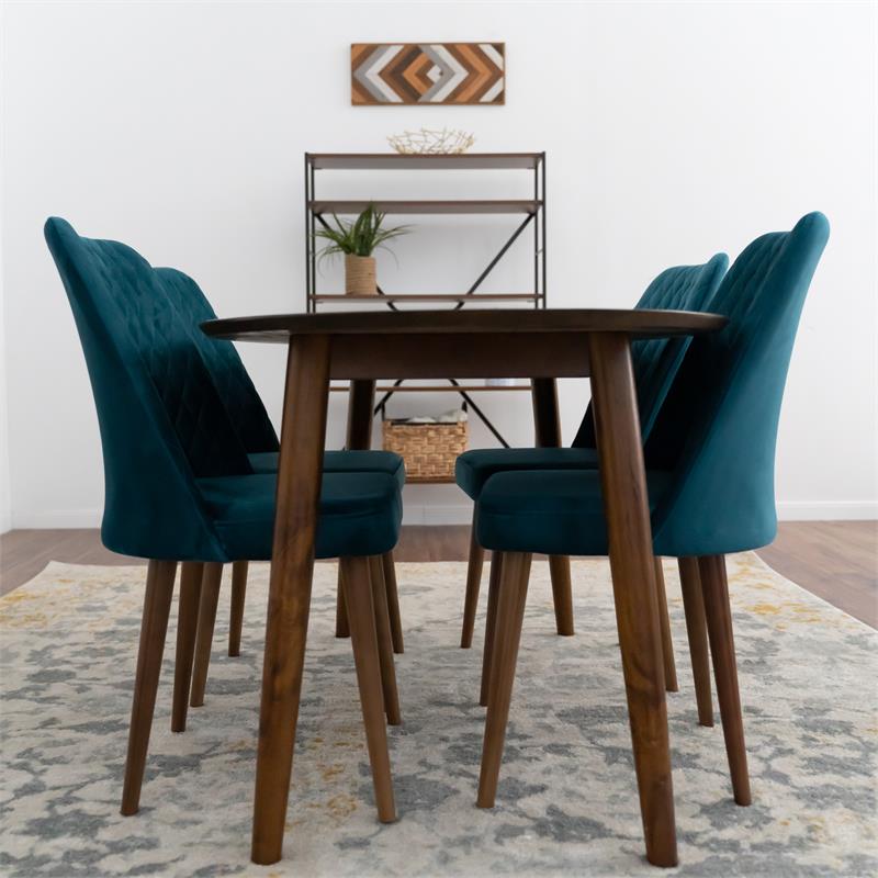 Reece 5-Piece Mid-Century Oval Dining Set w/ 4 Velvet Dining Chairs in Turquoise