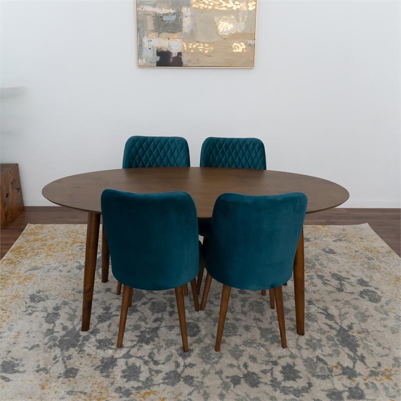 Reece 5-Piece Mid-Century Oval Dining Set w/ 4 Velvet Dining Chairs in Turquoise
