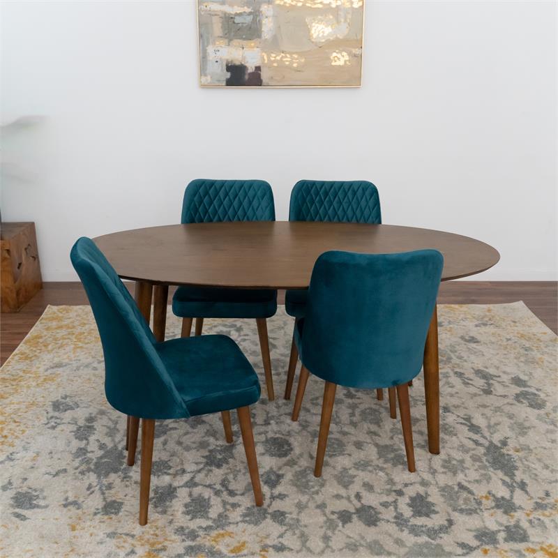 Reece 5-Piece Mid-Century Oval Dining Set w/ 4 Velvet Dining Chairs in Turquoise