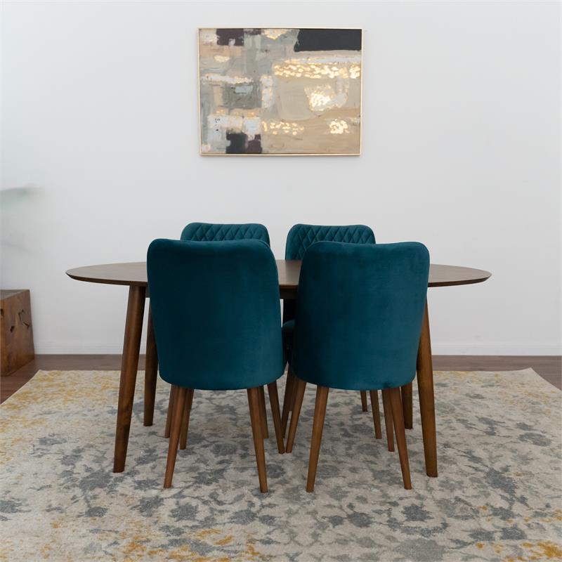 Reece 5-Piece Mid-Century Oval Dining Set w/ 4 Velvet Dining Chairs in Turquoise
