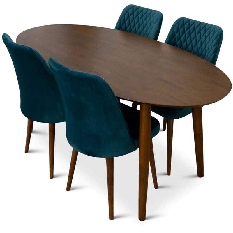 Reece 5-Piece Mid-Century Oval Dining Set w/ 4 Velvet Dining Chairs in Turquoise