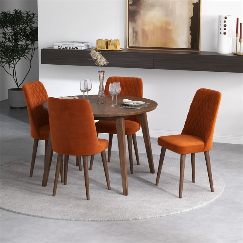 Pia Modern Solid Wood Walnut Dining Room & Kitchen Table and 4 Chair Set