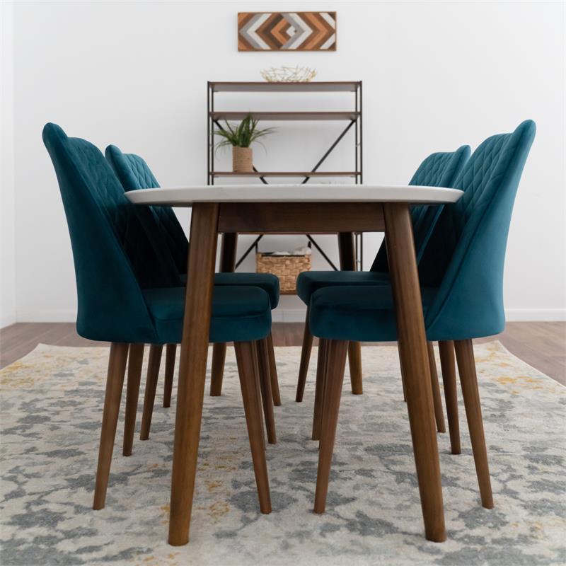 Reily 5-Piece Mid-Century Oval Dining Set w/ 4 Velvet Dining Chairs in Turquoise