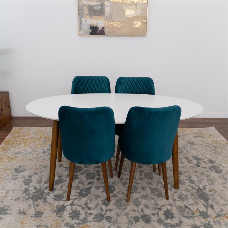 Reily 5-Piece Mid-Century Oval Dining Set w/ 4 Velvet Dining Chairs in Turquoise