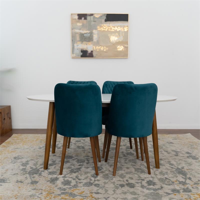 Reily 5-Piece Mid-Century Oval Dining Set w/ 4 Velvet Dining Chairs in Turquoise