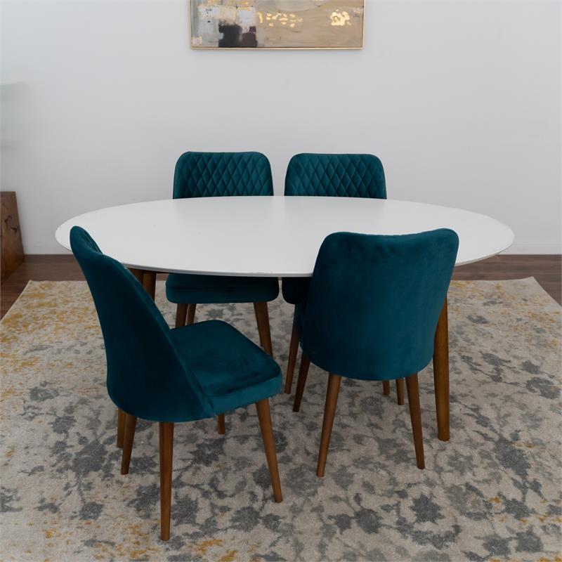 Reily 5-Piece Mid-Century Oval Dining Set w/ 4 Velvet Dining Chairs in Turquoise
