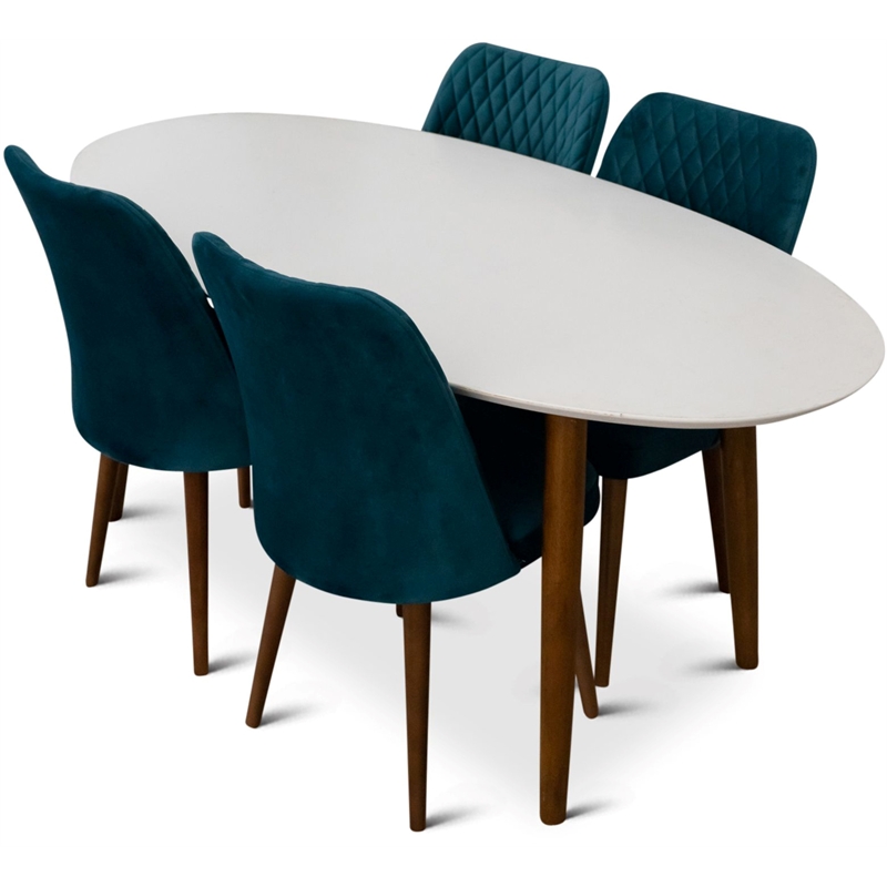 Reily 5-Piece Mid-Century Oval Dining Set w/ 4 Velvet Dining Chairs in Turquoise