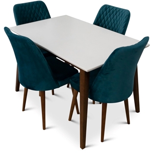 Donald 5-Piece Mid-Century Dining Set w/ 4 Velvet Dining Chairs in Turquoise