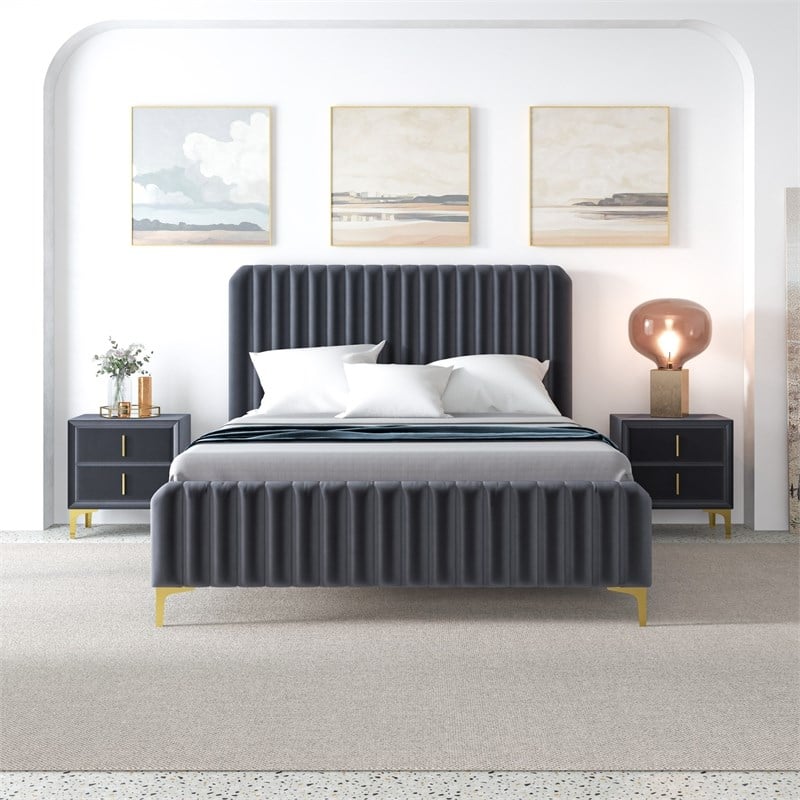 Angelou Mid Century Modern Gray Velvet Upholstered Queen Platform Bed