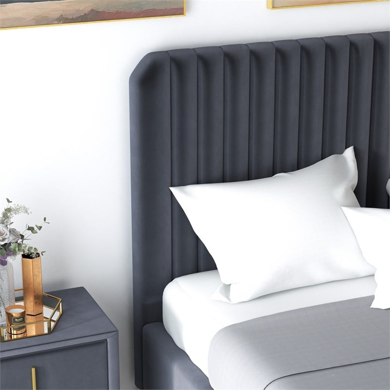 Angelou Mid Century Modern Gray Velvet Upholstered Queen Platform Bed