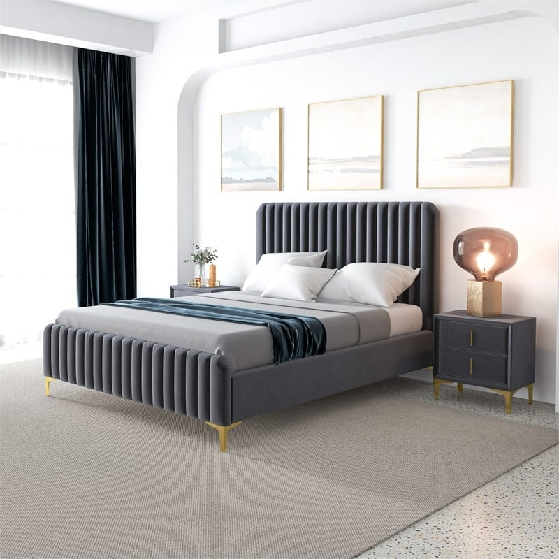 Angelou Mid Century Modern Gray Velvet Upholstered Queen Platform Bed