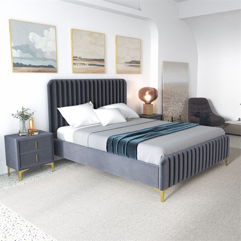 Angelou Mid Century Modern Gray Velvet Upholstered Queen Platform Bed