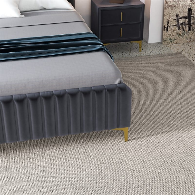 Angelou Mid Century Modern Gray Velvet Upholstered Queen Platform Bed