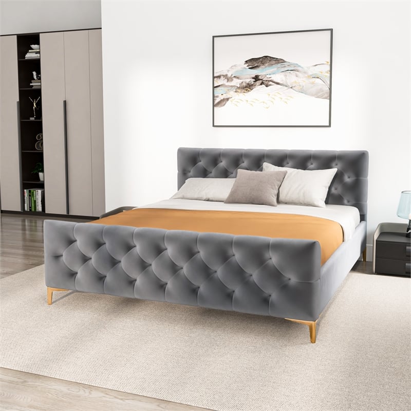 Bella Mid Century Modern Gray Velvet Upholstered King Platform Bed