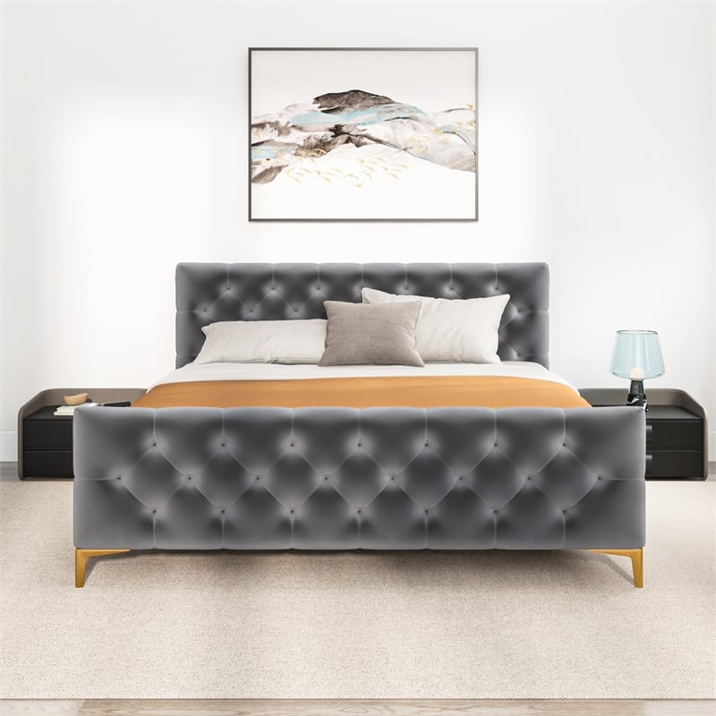 Bella Mid Century Modern Gray Velvet Upholstered King Platform Bed