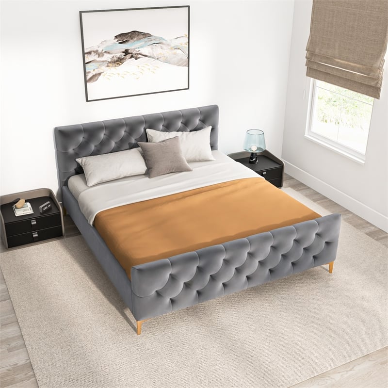 Bella Mid Century Modern Gray Velvet Upholstered King Platform Bed