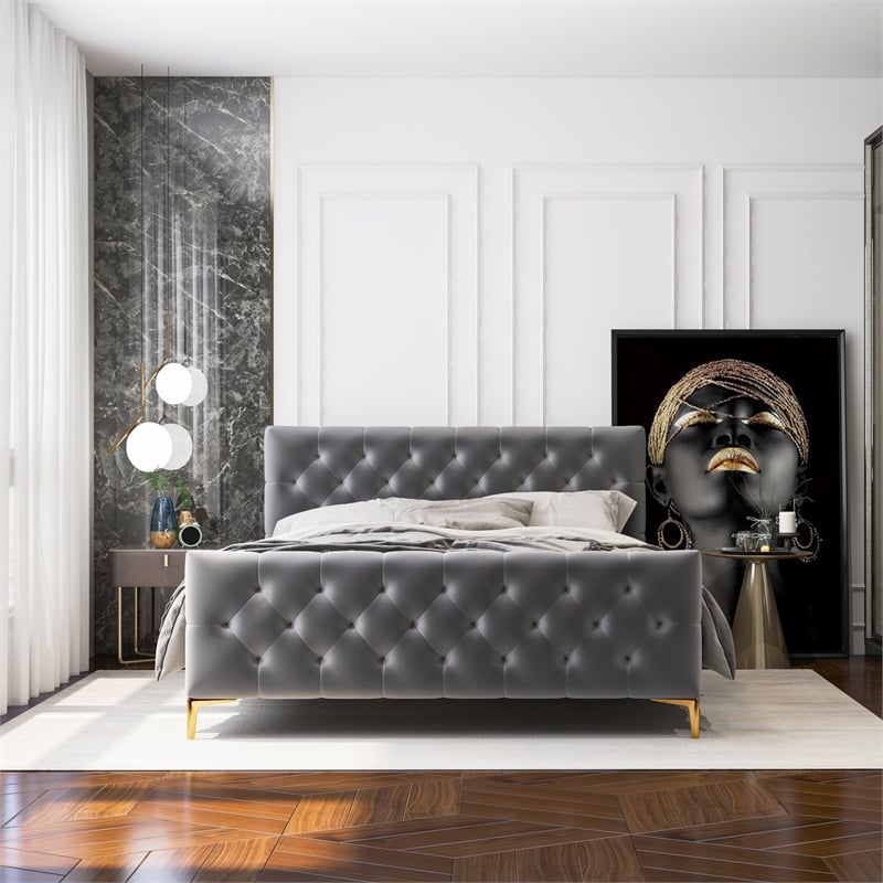 Bella Mid Century Modern Dark Gray Velvet Upholstered Queen Platform Bed