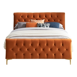 bella mid-century modern velvet upholstered queen platform bed in orange