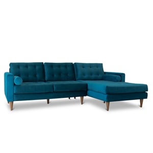whitney mid century modern tufted teal velvet right-facing sectional sofa