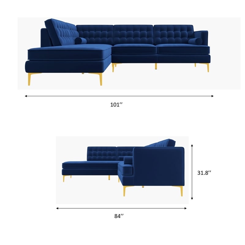 Casa Mid-Century Tufted Tight Back Velvet Right-Facing Sectional in Dark Blue