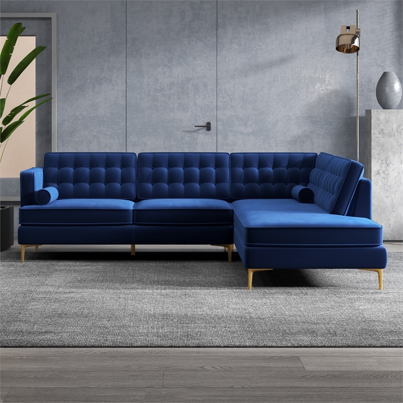 Casa Mid-Century Tufted Tight Back Velvet Right-Facing Sectional in Dark Blue