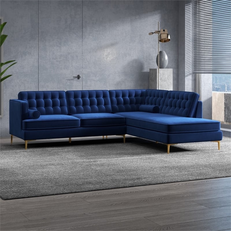 Casa Mid-Century Tufted Tight Back Velvet Right-Facing Sectional in Dark Blue
