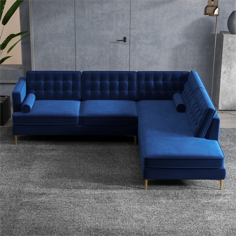 Casa Mid-Century Tufted Tight Back Velvet Right-Facing Sectional in Dark Blue