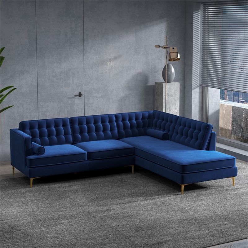 Casa Mid-Century Tufted Tight Back Velvet Right-Facing Sectional in Dark Blue