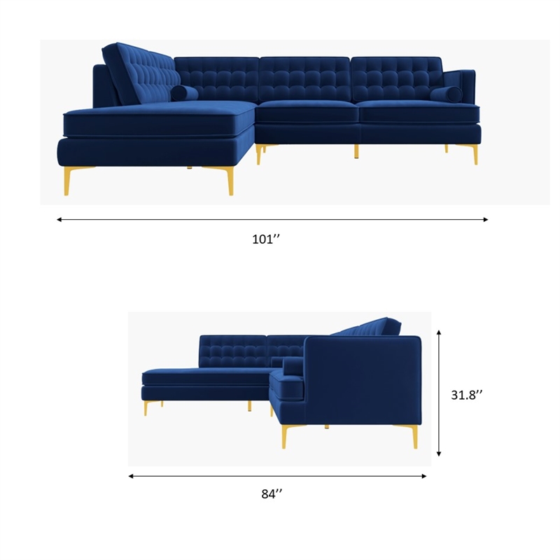 Casa Mid-Century Tufted Tight Back Velvet Left-Facing Sectional in Dark Blue